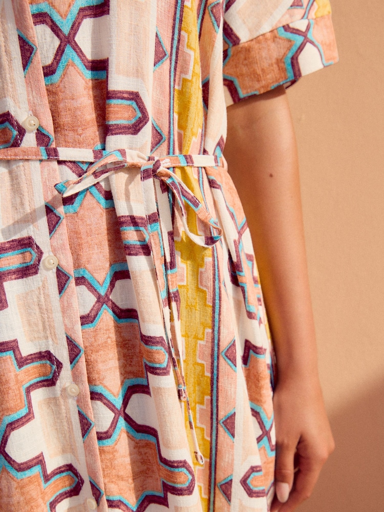 Cream Geometric Print Short Sleeve Tie Waist Midi Dress with Linen - Image 3 of 6