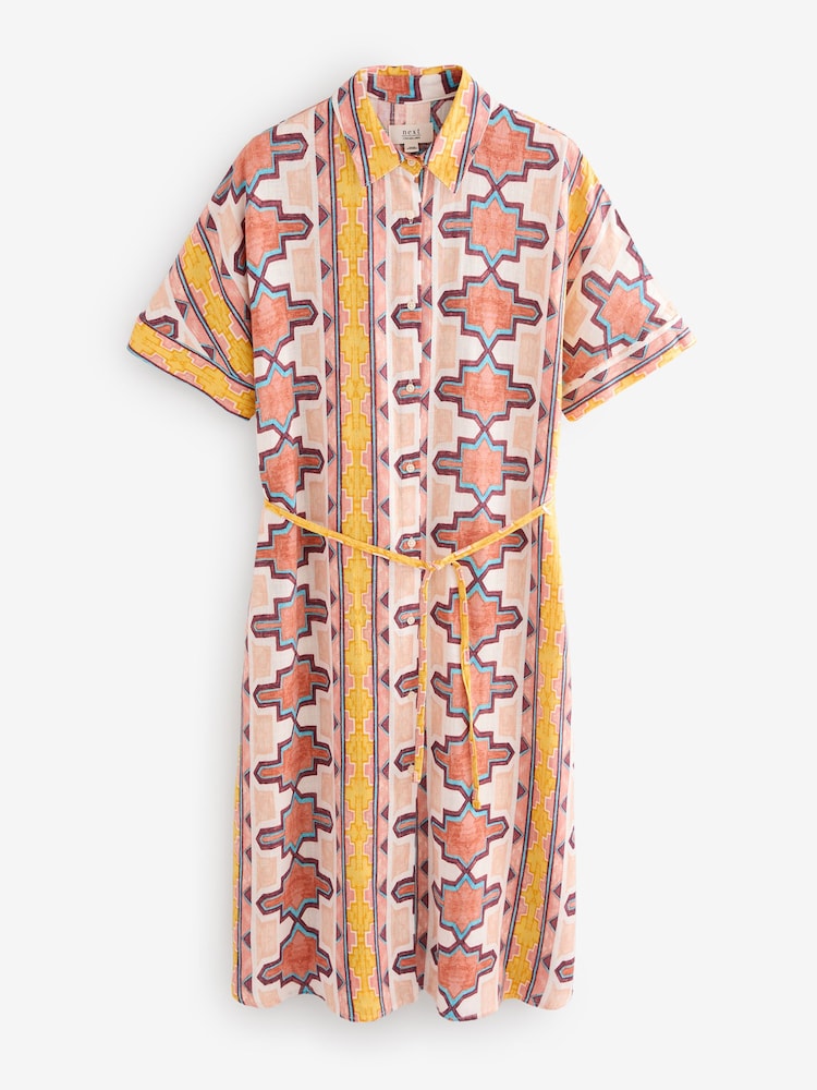 Cream Geometric Print Short Sleeve Tie Waist Midi Dress with Linen - Image 4 of 6