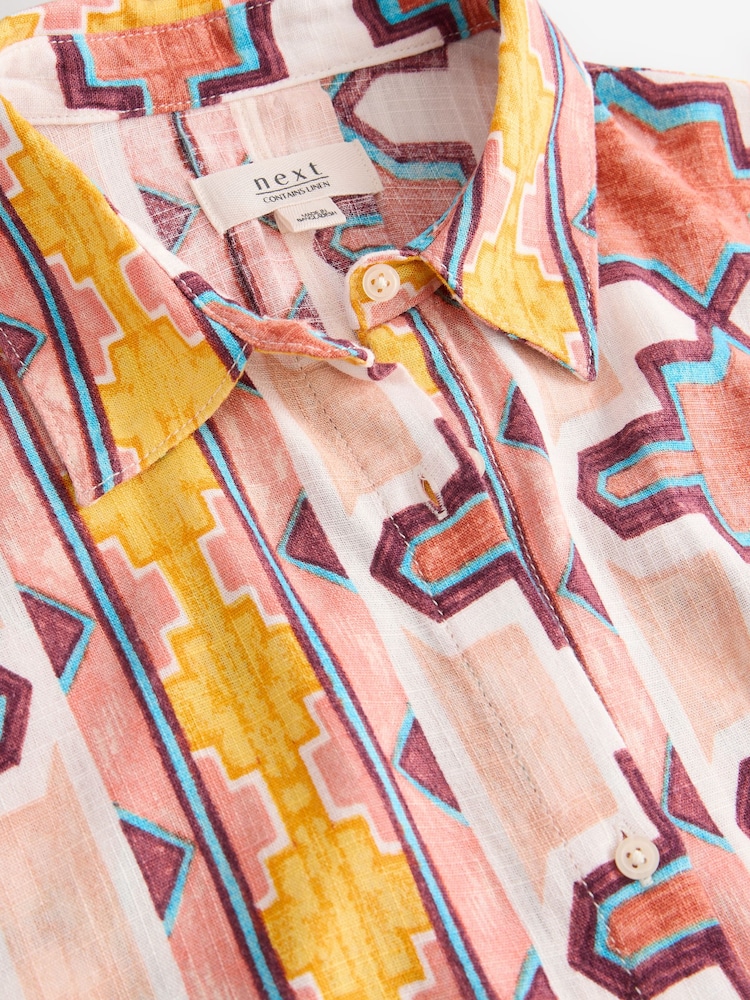 Cream Geometric Print Short Sleeve Tie Waist Midi Dress with Linen - Image 5 of 6