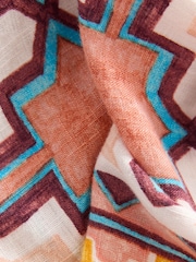 Cream Geometric Print Short Sleeve Tie Waist Midi Dress with Linen - Image 6 of 6
