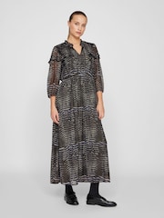 VILA Blue 3/4 Sleeve Gold Flex Chiffon Midaxi Dress - Image 1 of 7