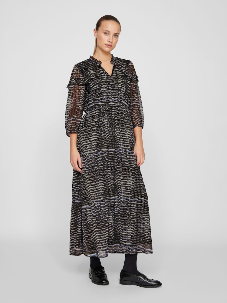 VILA Blue 3/4 Sleeve Gold Flex Chiffon Midaxi Dress - Image 1 of 7