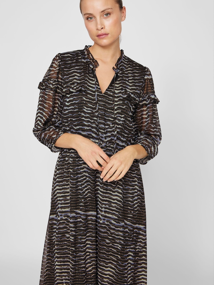 VILA Blue 3/4 Sleeve Gold Flex Chiffon Midaxi Dress - Image 4 of 7