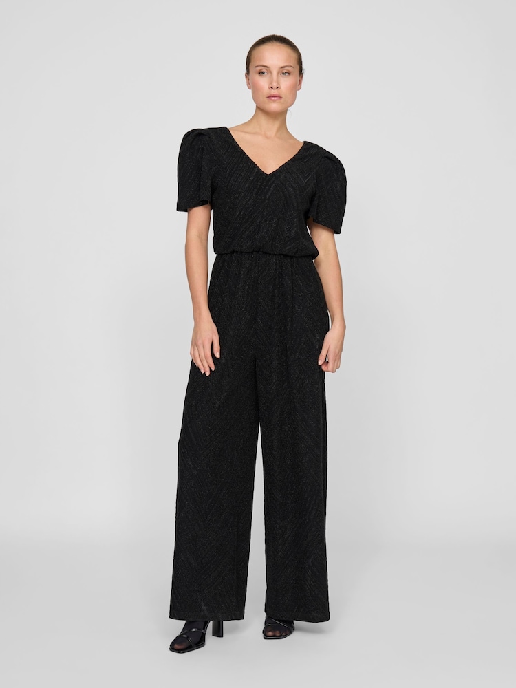 VILA Black Glitter Detail Short Sleeve Wide Leg Jumpsuit - Image 1 of 6
