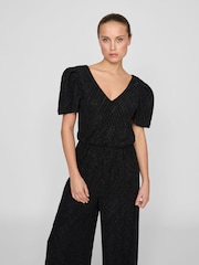 VILA Black Glitter Detail Short Sleeve Wide Leg Jumpsuit - Image 3 of 6