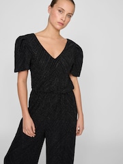 VILA Black Glitter Detail Short Sleeve Wide Leg Jumpsuit - Image 4 of 6
