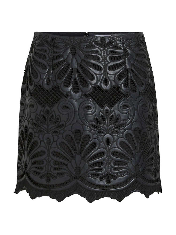 VILA Black High Waisted Lace Detail PU Skirt - Image 2 of 3
