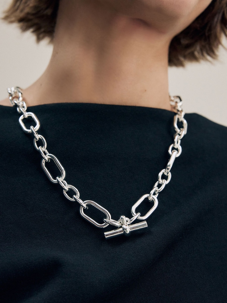 Silver Tone Chunky T-Bar Necklace - Image 1 of 8