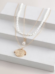 Gold Tone Pearl Effect 3 Layer Necklace - Image 1 of 5