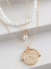 Gold Tone Pearl Effect 3 Layer Necklace - Image 2 of 5