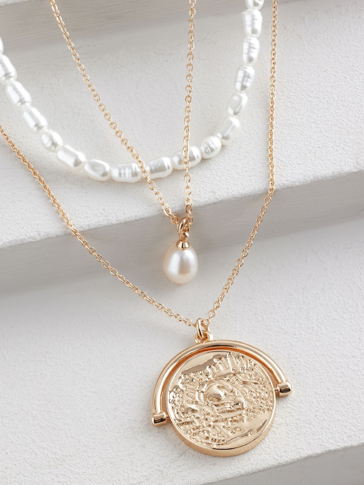Gold Tone Pearl Effect 3 Layer Necklace - Image 2 of 5