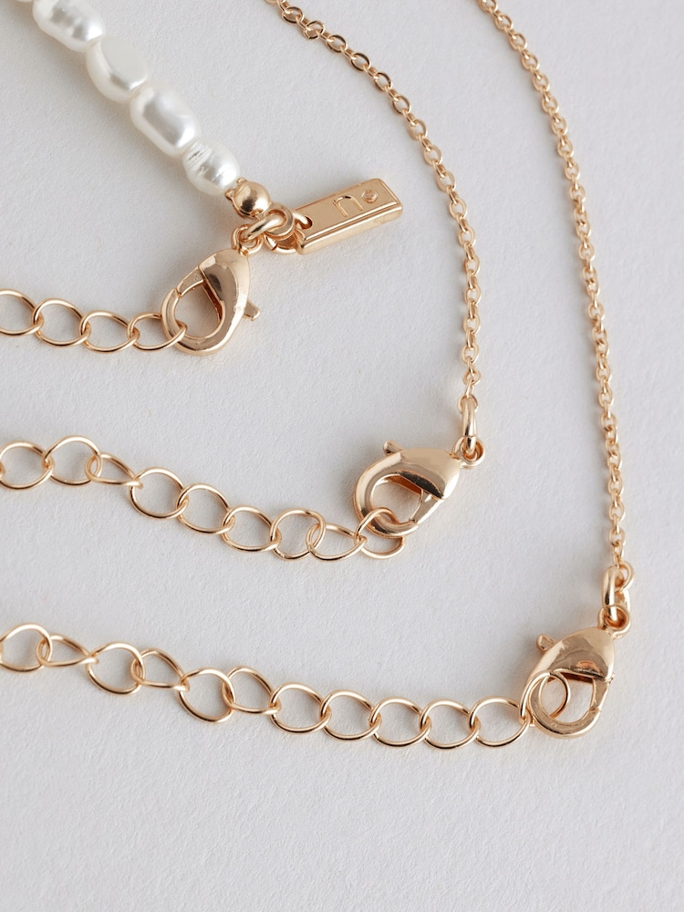 Gold Tone Pearl Effect 3 Layer Necklace - Image 3 of 5