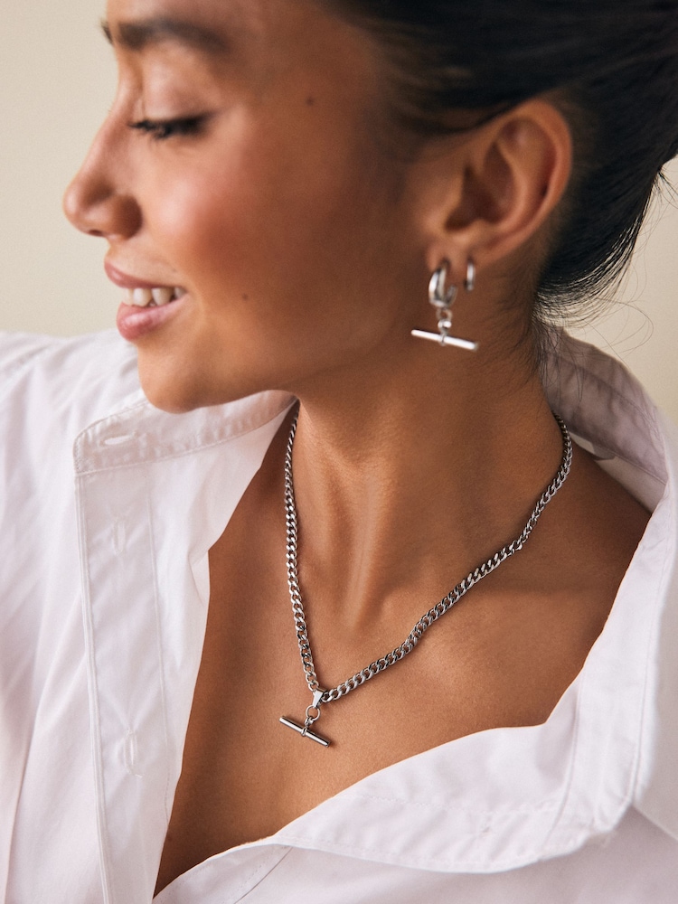 Silver Tone Stainless Steel T-Bar Necklace - Image 1 of 4