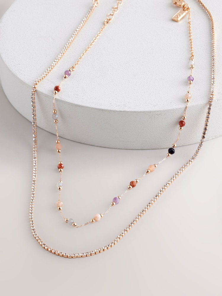 Gold Tone Two Layer Coloured Beaded Necklace - Image 1 of 5