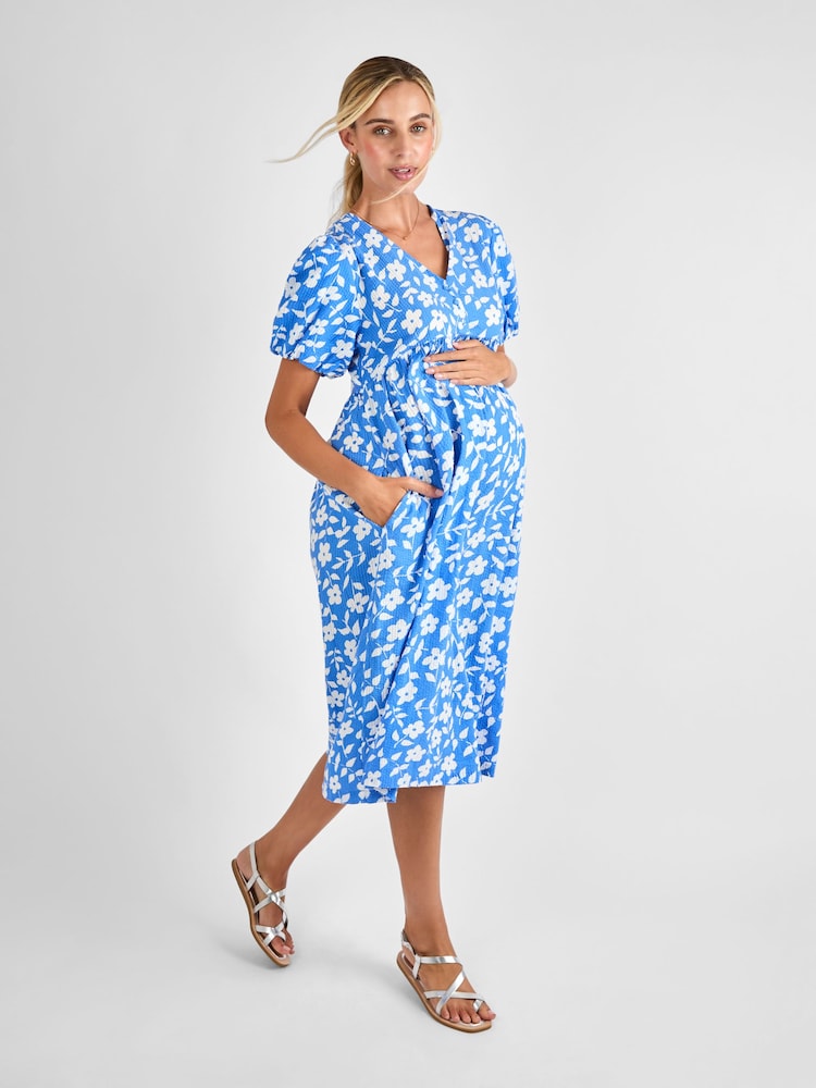JoJo Maman Bébé Blue Floral Print Maternity Midi Dress - Image 1 of 4