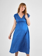 JoJo Maman Bébé Blue Spot Frill Sleeve Maternity Midi Dress - Image 1 of 4