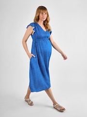 JoJo Maman Bébé Blue Spot Frill Sleeve Maternity Midi Dress - Image 2 of 4