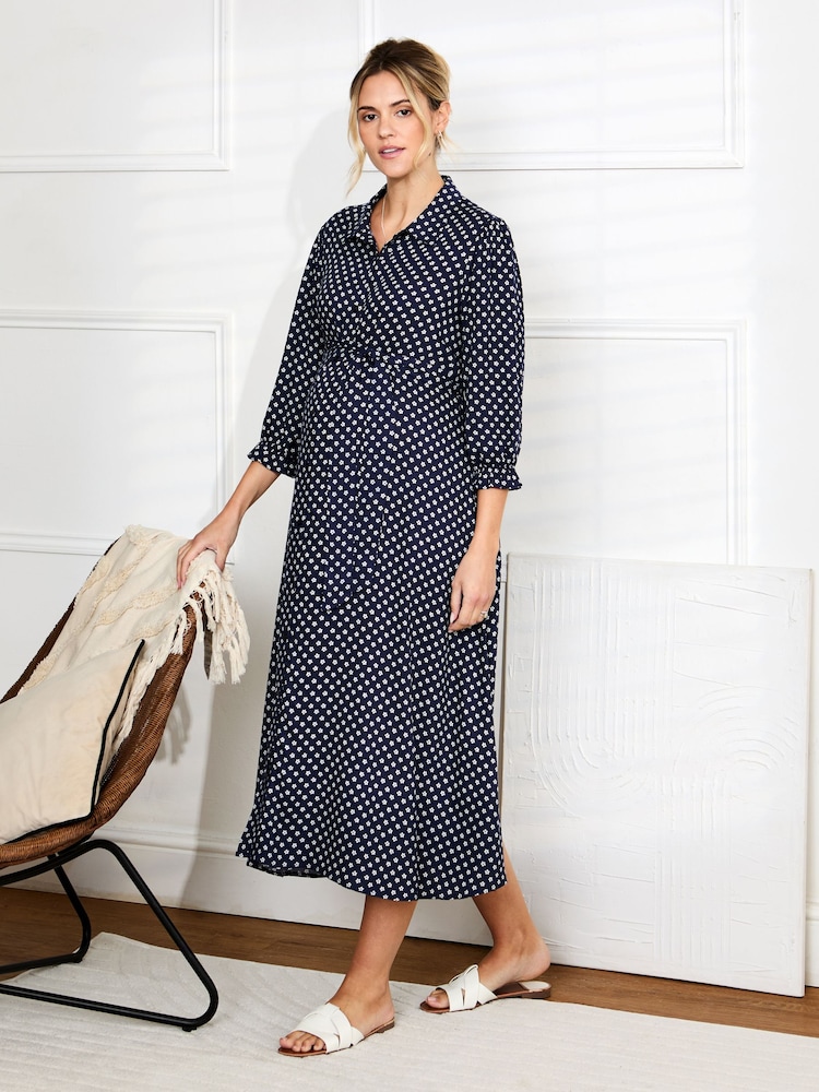 JoJo Maman Bébé Navy Floral Button Through Maternity Midi Shirt Dress - Image 1 of 5