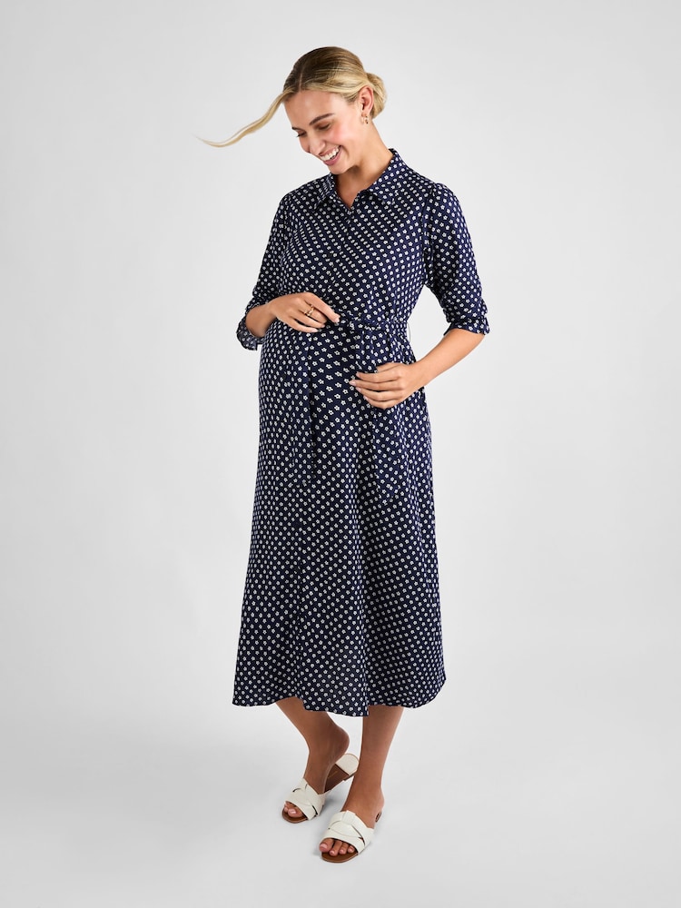 JoJo Maman Bébé Navy Floral Button Through Maternity Midi Shirt Dress - Image 2 of 5