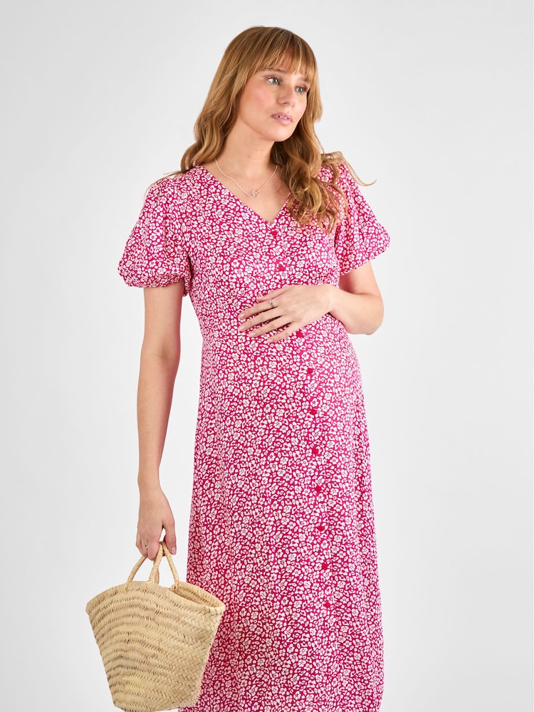 JoJo Maman Bébé Pink Floral Maternity Midi Dress - Image 1 of 4