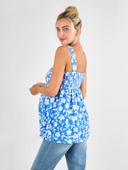 JoJo Maman Bébé Blue Floral Shirred Maternity 100% Cotton Top - Image 2 of 4