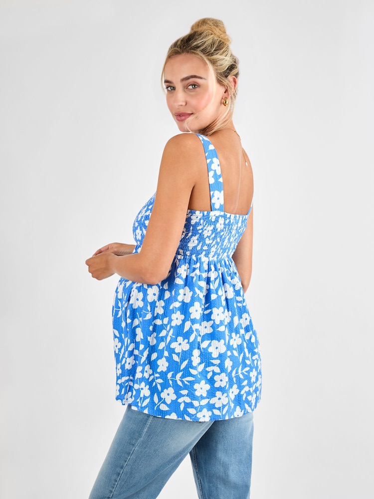 JoJo Maman Bébé Blue Floral Shirred Maternity 100% Cotton Top - Image 2 of 4