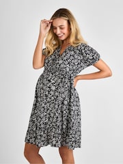 JoJo Maman Bébé Black Floral Maternity Button Mini Dress With Tie - Image 2 of 5