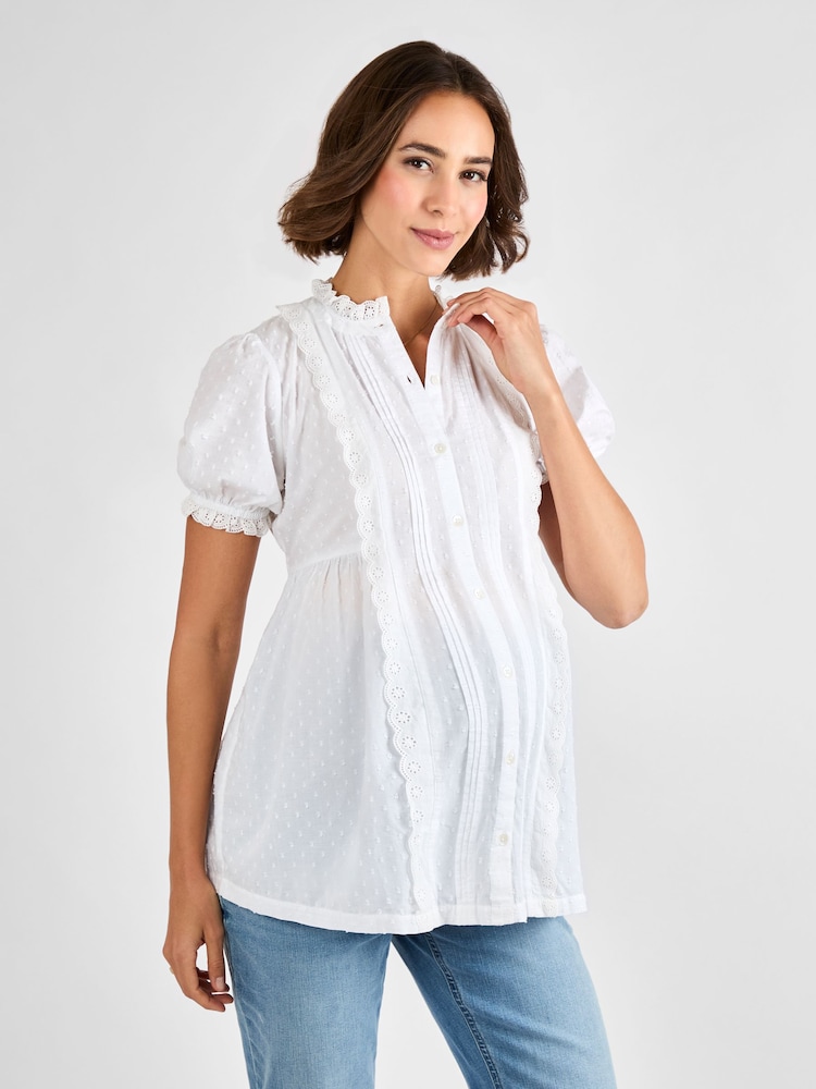 JoJo Maman Bébé White Lace Trim Maternity Pintuck Blouse - Image 2 of 5
