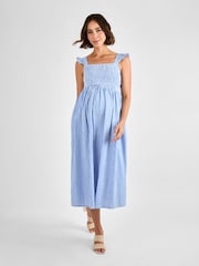 JoJo Maman Bébé Blue Gingham Shirred Maternity Midi Dress - Image 1 of 4