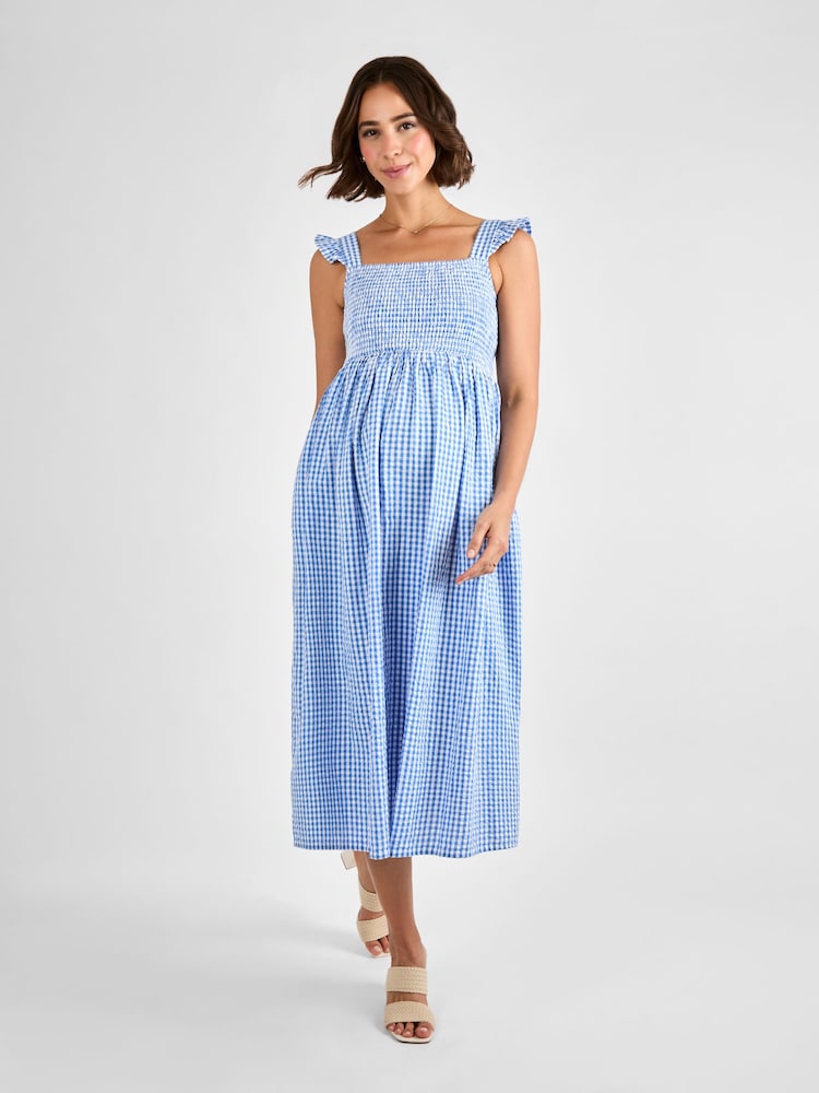 JoJo Maman Bébé Blue Gingham Shirred Maternity Midi Dress - Image 1 of 4