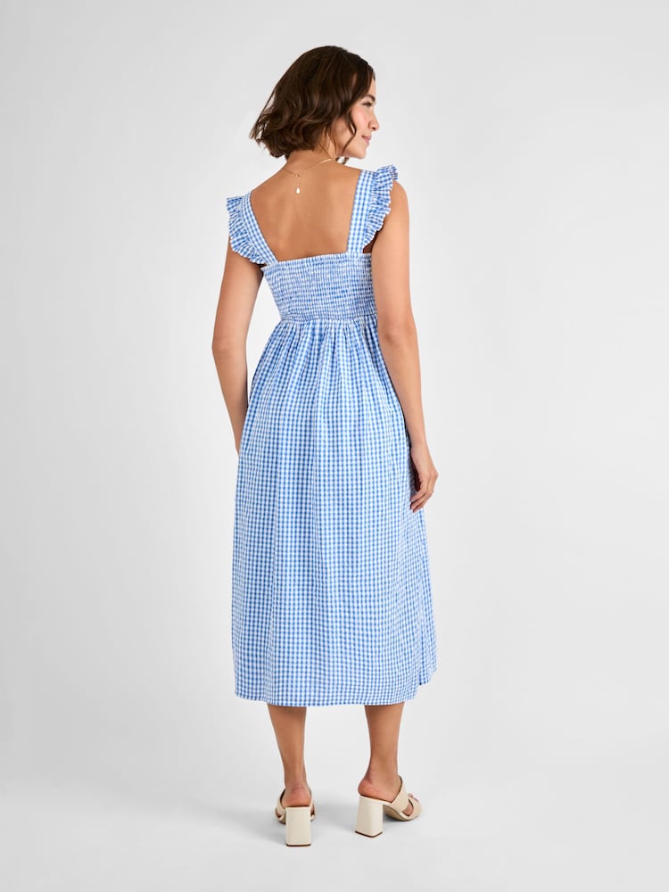 JoJo Maman Bébé Blue Gingham Shirred Maternity Midi Dress - Image 2 of 4