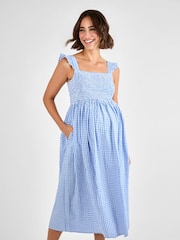 JoJo Maman Bébé Blue Gingham Shirred Maternity Midi Dress - Image 3 of 4