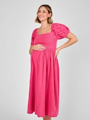 JoJo Maman Bébé Pink Shirred Embroidered Maternity Midi Dress - Image 1 of 4
