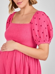 JoJo Maman Bébé Pink Shirred Embroidered Maternity Midi Dress - Image 2 of 4