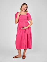 JoJo Maman Bébé Pink Shirred Embroidered Maternity Midi Dress - Image 3 of 4