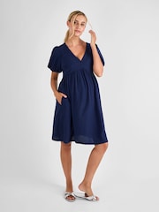 JoJo Maman Bébé Navy Puff Sleeve Seersucker Maternity Mini Dress - Image 1 of 4