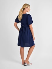 JoJo Maman Bébé Navy Puff Sleeve Seersucker Maternity Mini Dress - Image 2 of 4