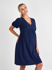 JoJo Maman Bébé Navy Puff Sleeve Seersucker Maternity Mini Dress - Image 3 of 4