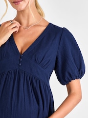 JoJo Maman Bébé Navy Puff Sleeve Seersucker Maternity Mini Dress - Image 4 of 4