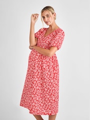 JoJo Maman Bébé Red Maternity Floral Midi 100% Cotton Dress - Image 1 of 4