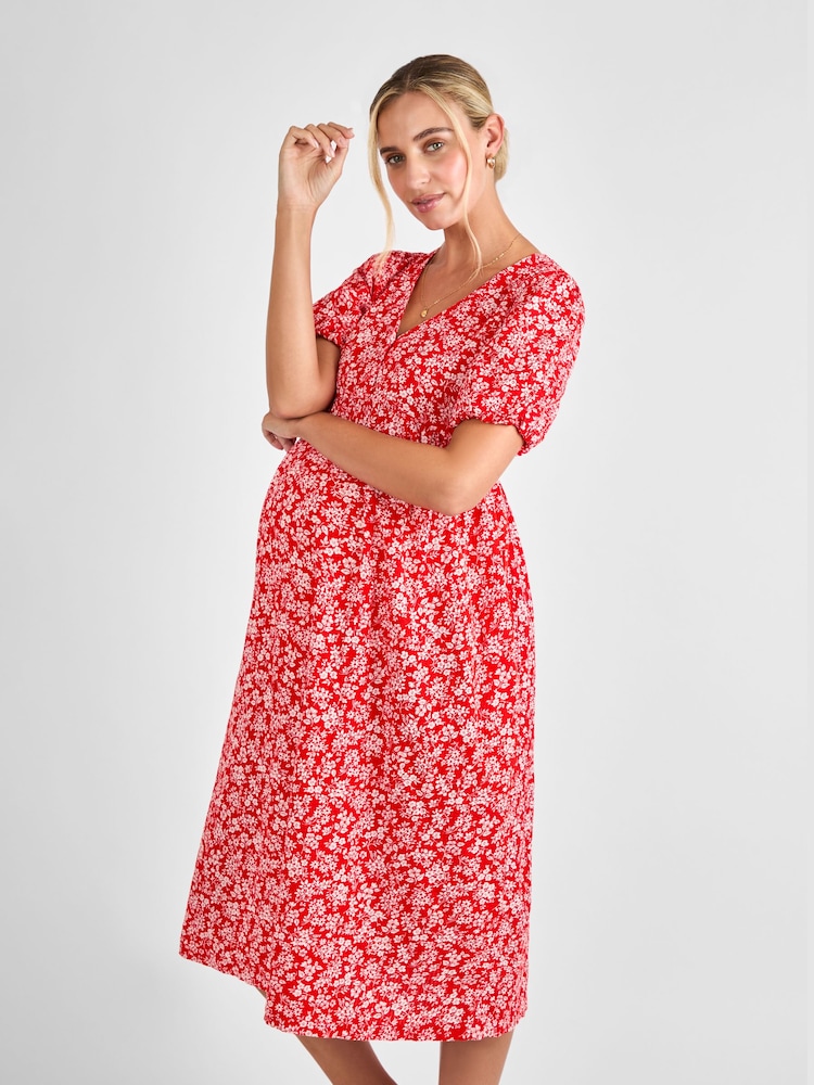 JoJo Maman Bébé Red Maternity Floral Midi 100% Cotton Dress - Image 1 of 4