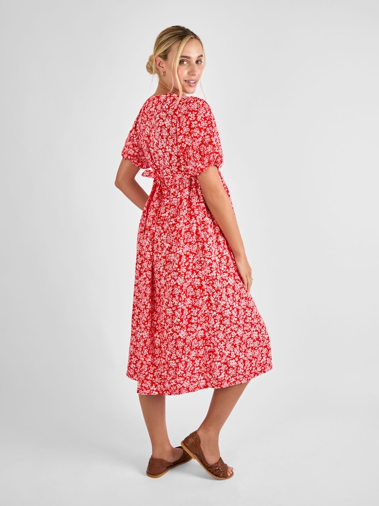 JoJo Maman Bébé Red Maternity Floral Midi 100% Cotton Dress - Image 2 of 4