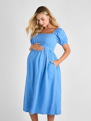 JoJo Maman Bébé Blue Shirred Embroidered Maternity Midi Dress - Image 1 of 4