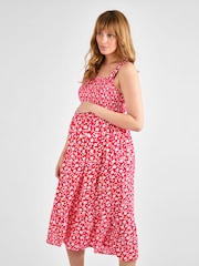JoJo Maman Bébé Pink Floral Shirred Maternity Midi Dress - Image 1 of 4