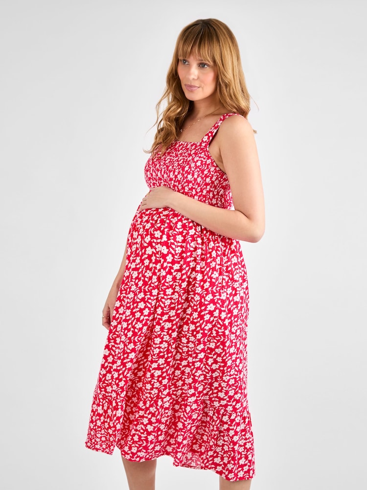 JoJo Maman Bébé Pink Floral Shirred Maternity Midi Dress - Image 1 of 4