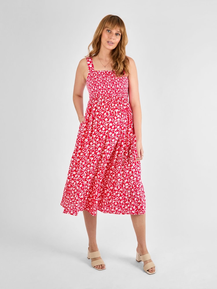JoJo Maman Bébé Pink Floral Shirred Maternity Midi Dress - Image 2 of 4