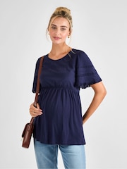 JoJo Maman Bébé Navy Broderie Lace Trim Maternity Jersey Top - Image 1 of 4