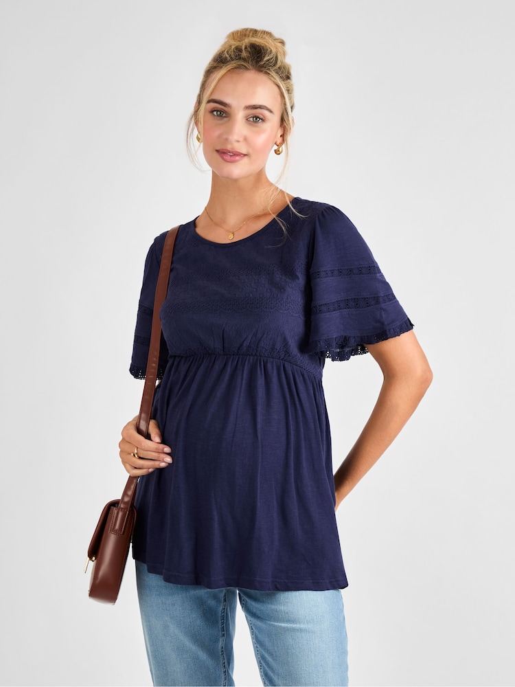JoJo Maman Bébé Navy Broderie Lace Trim Maternity Jersey Top - Image 1 of 4 JoJo Maman Bébé Navy Broderie Lace Trim Maternity Jersey Top - Image 1 of 4