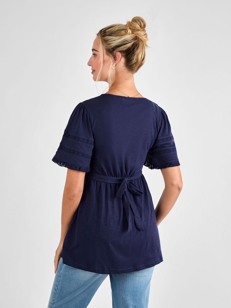 JoJo Maman Bébé Navy Broderie Lace Trim Maternity Jersey Top - Image 2 of 4 JoJo Maman Bébé Navy Broderie Lace Trim Maternity Jersey Top - Image 2 of 4