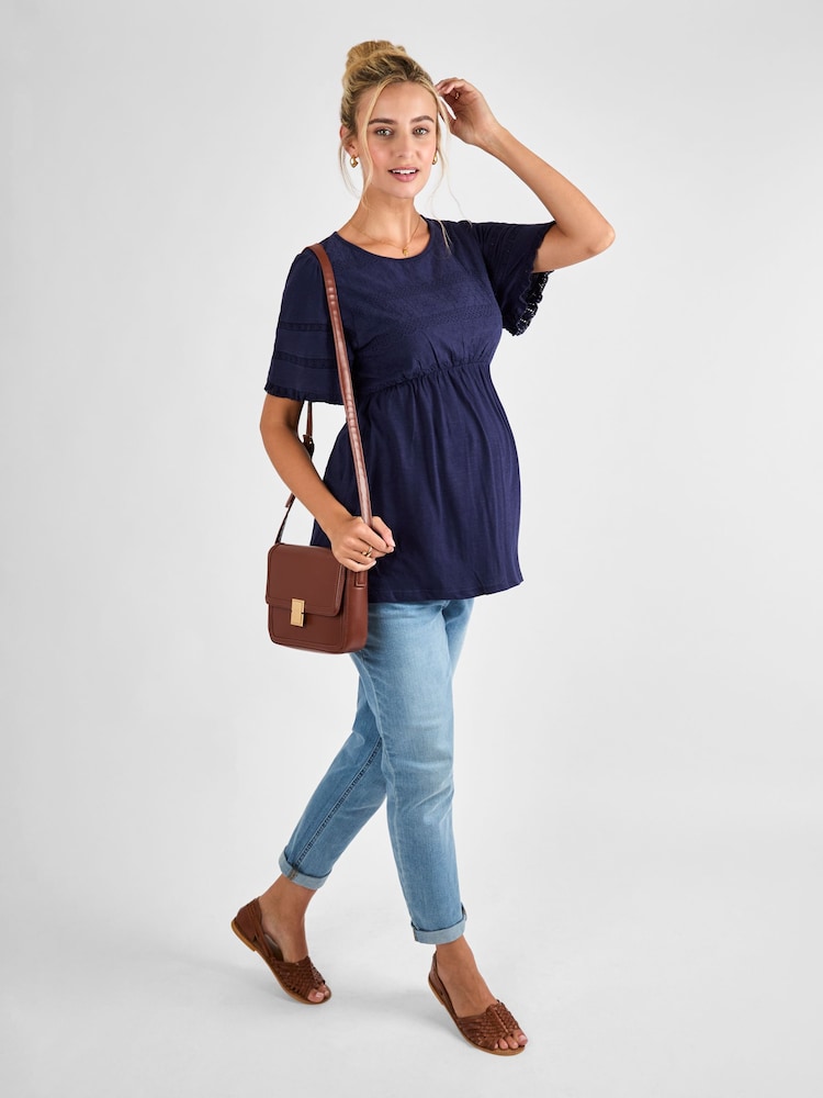 JoJo Maman Bébé Navy Broderie Lace Trim Maternity Jersey Top - Image 3 of 4